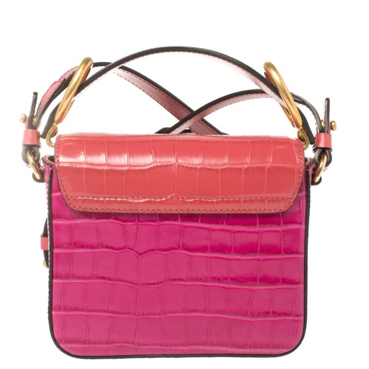 Pre Owned Chloe Multicolor Croc Embossed Leather Mini C Top Handle Bag