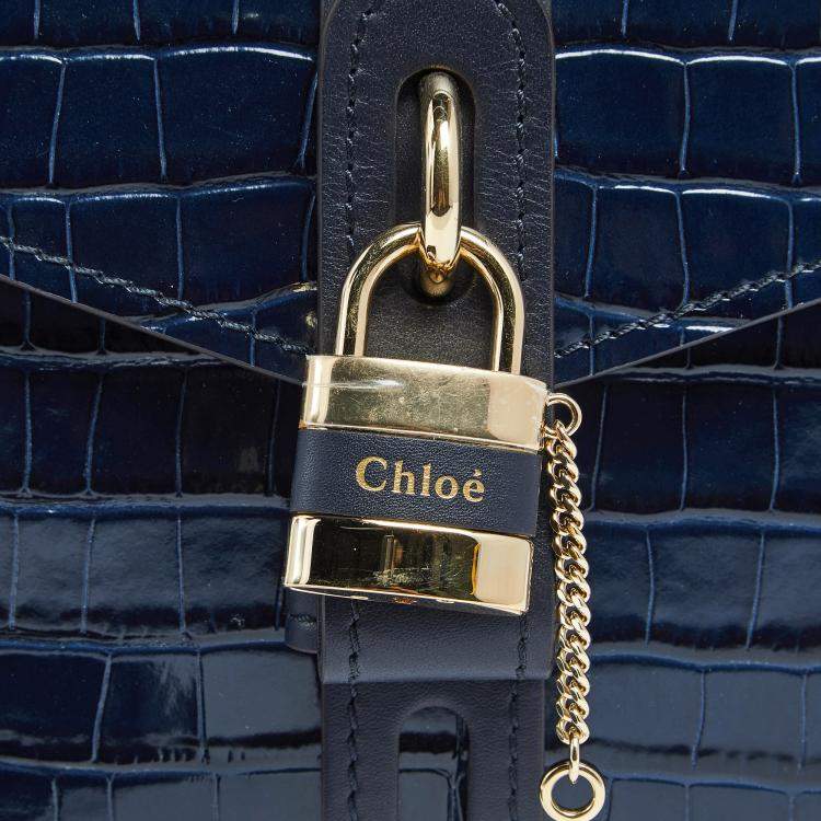 Pre Owned Chloe Blue Croc Embossed Leather Small Aby Day Top Handle Bag