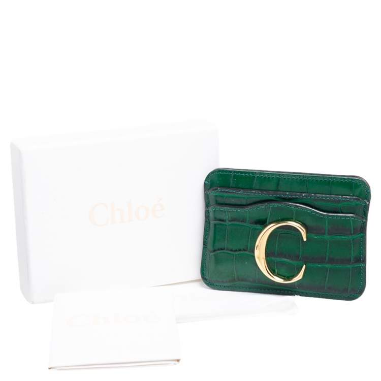 Pre Owned Chloe Green Croc Embossed Leather Card Holder