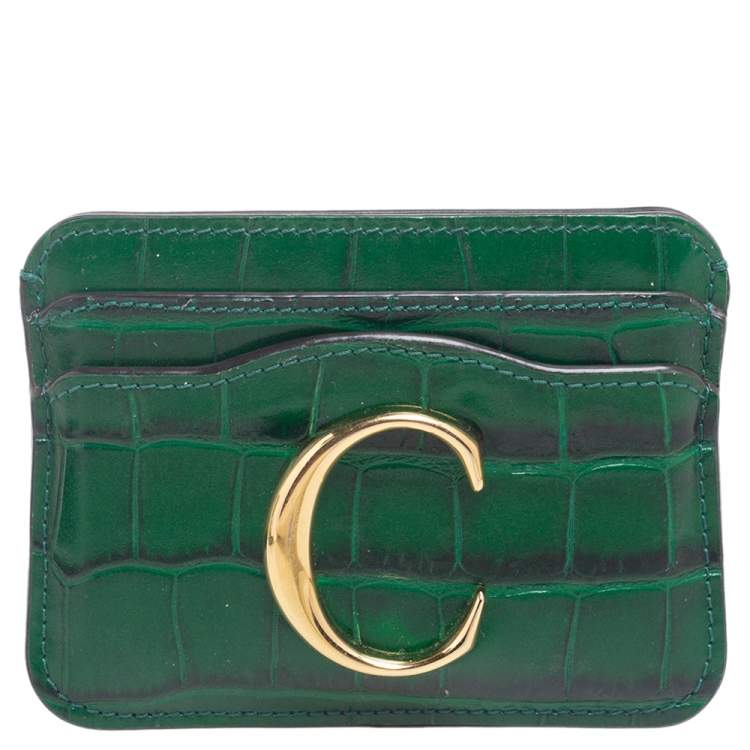 Pre Owned Chloe Green Croc Embossed Leather Card Holder