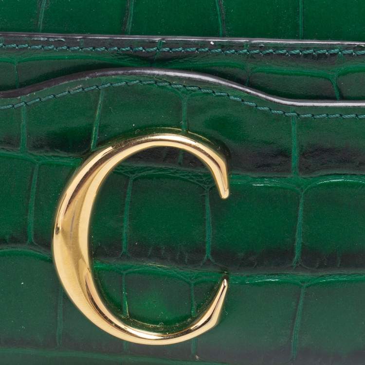 Pre Owned Chloe Green Croc Embossed Leather Card Holder