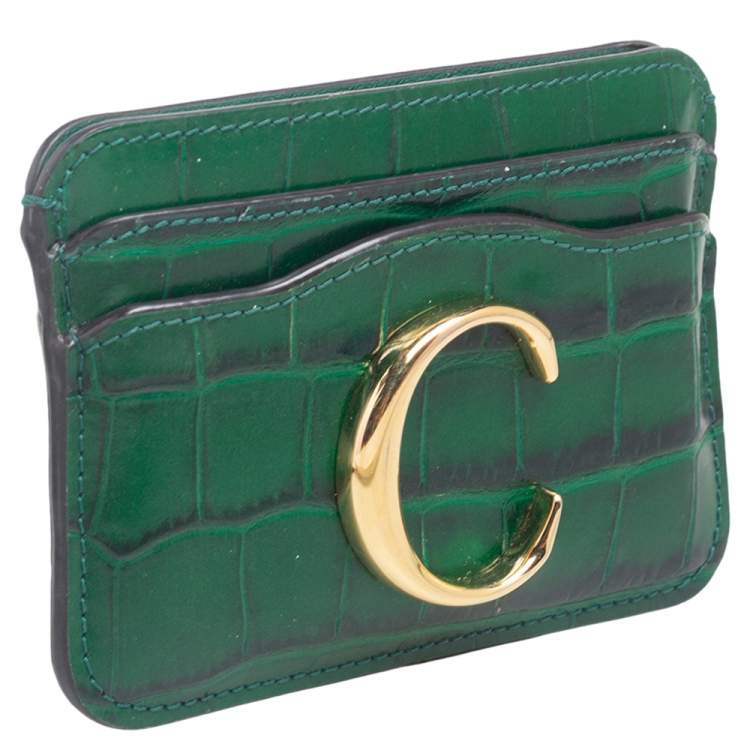 Pre Owned Chloe Green Croc Embossed Leather Card Holder