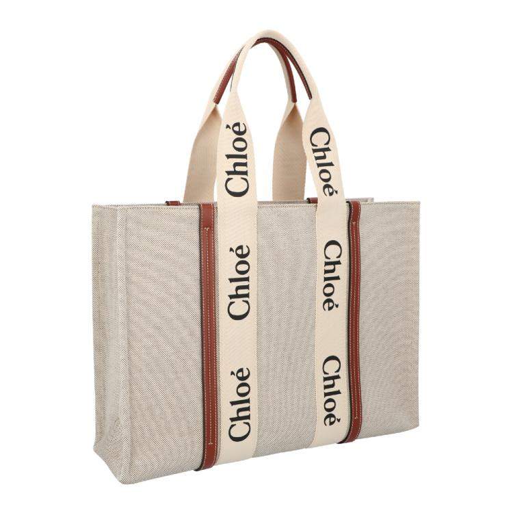 Pre Owned Chloe Brown Cotton Canvas and Calfskin Large Woody Tote Bag 