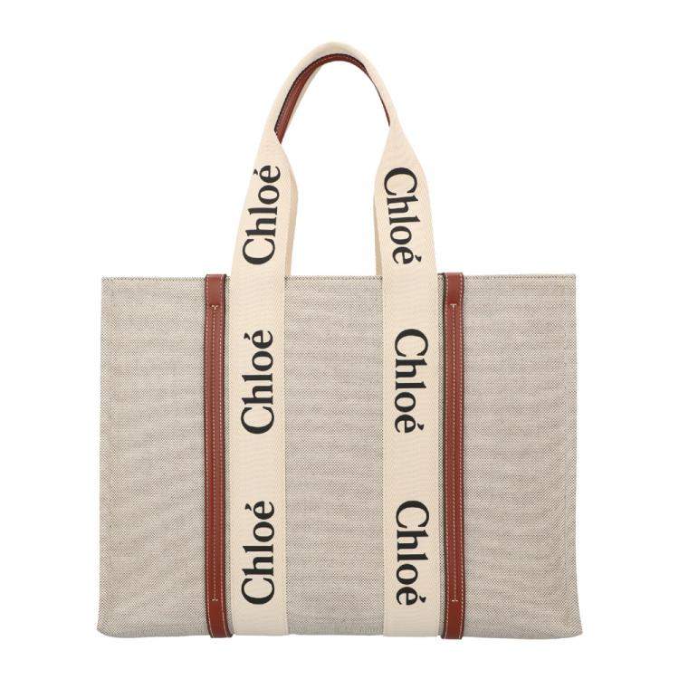 Pre Owned Chloe Brown Cotton Canvas and Calfskin Large Woody Tote Bag 