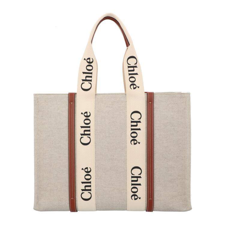 Pre Owned Chloe Brown Cotton Canvas and Calfskin Large Woody Tote Bag 
