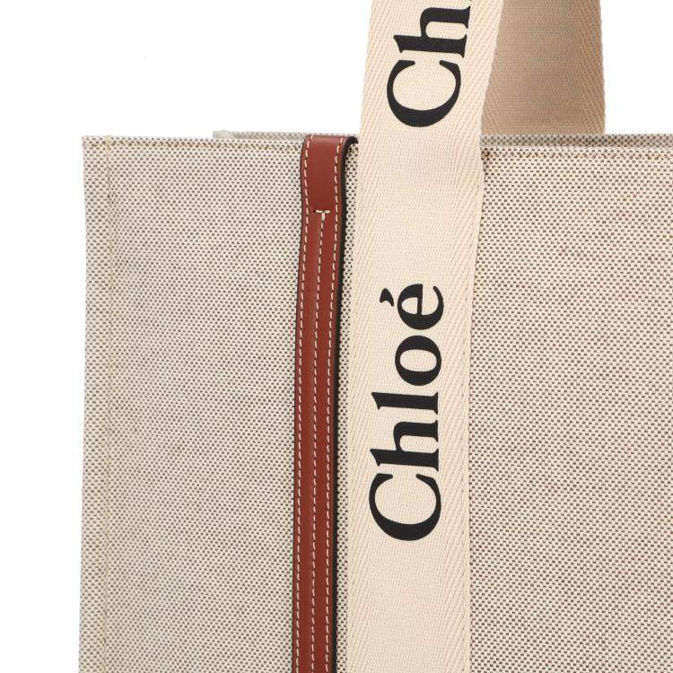 Pre Owned Chloe Brown Cotton Canvas and Calfskin Large Woody Tote Bag 