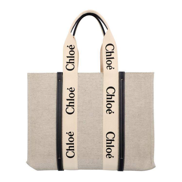 Pre Owned Chloe White/Blue Cotton Canvas Calfskin Large Woody Ribbon Tote Bag 