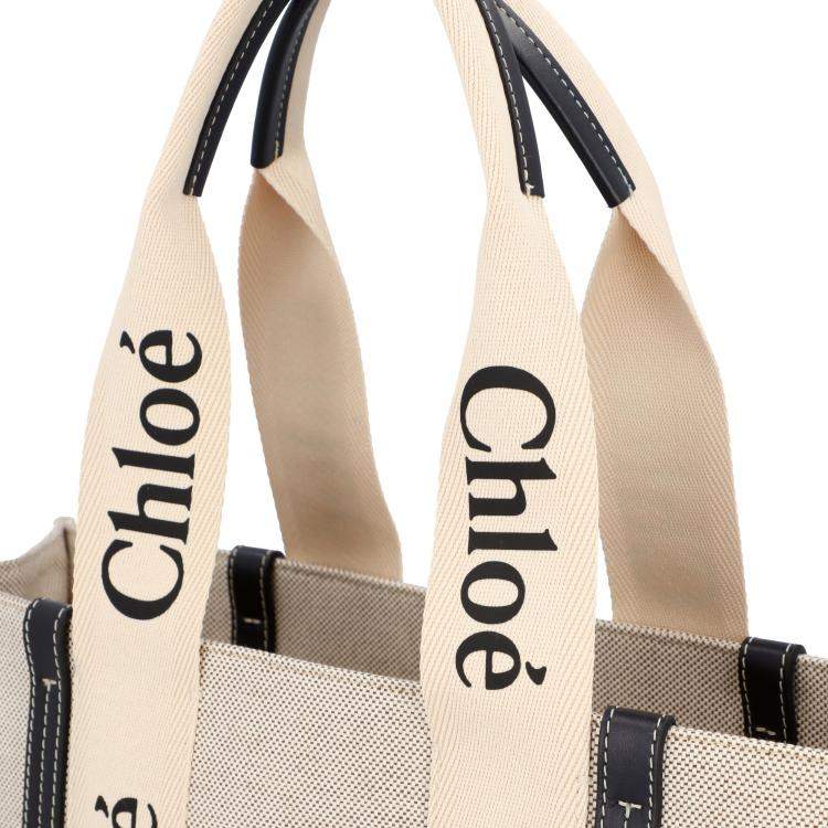 Pre Owned Chloe White/Blue Cotton Canvas Calfskin Large Woody Ribbon Tote Bag 