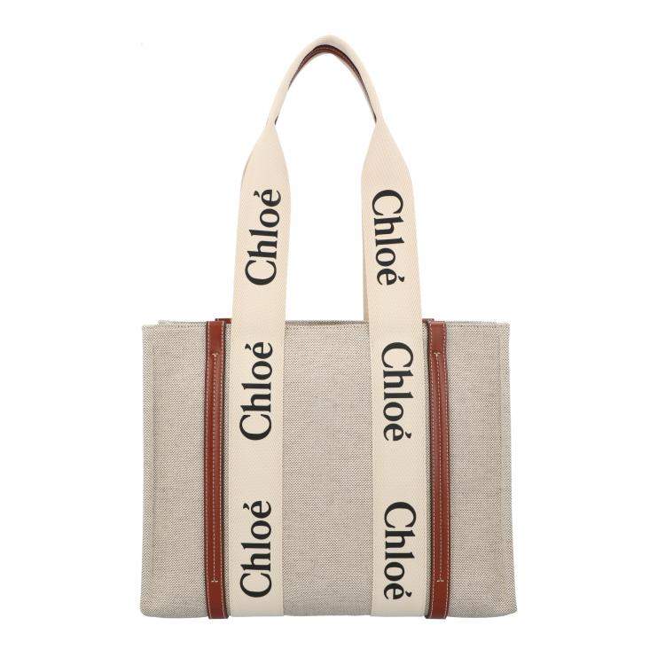 Pre Owned Chloe Brown/Grey Cotton Canvas Calfskin Medium Woody Ribbon Tote Bag 