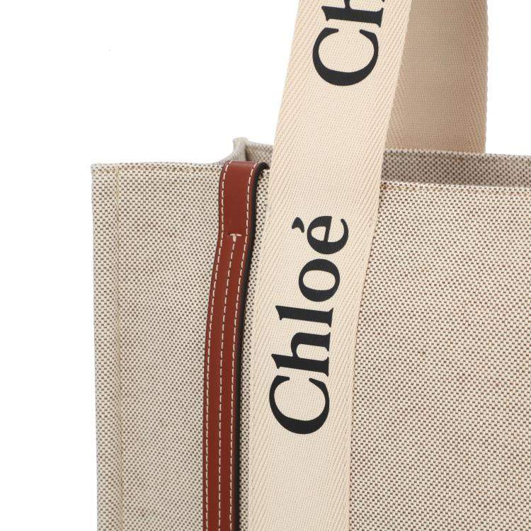 Pre Owned Chloe Brown/Grey Cotton Canvas Calfskin Medium Woody Ribbon Tote Bag 