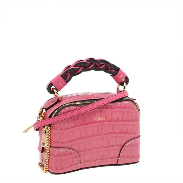 Pre Owned Chloe Hot Pink Croc Embossed Leather Mini Daria Chain Bag