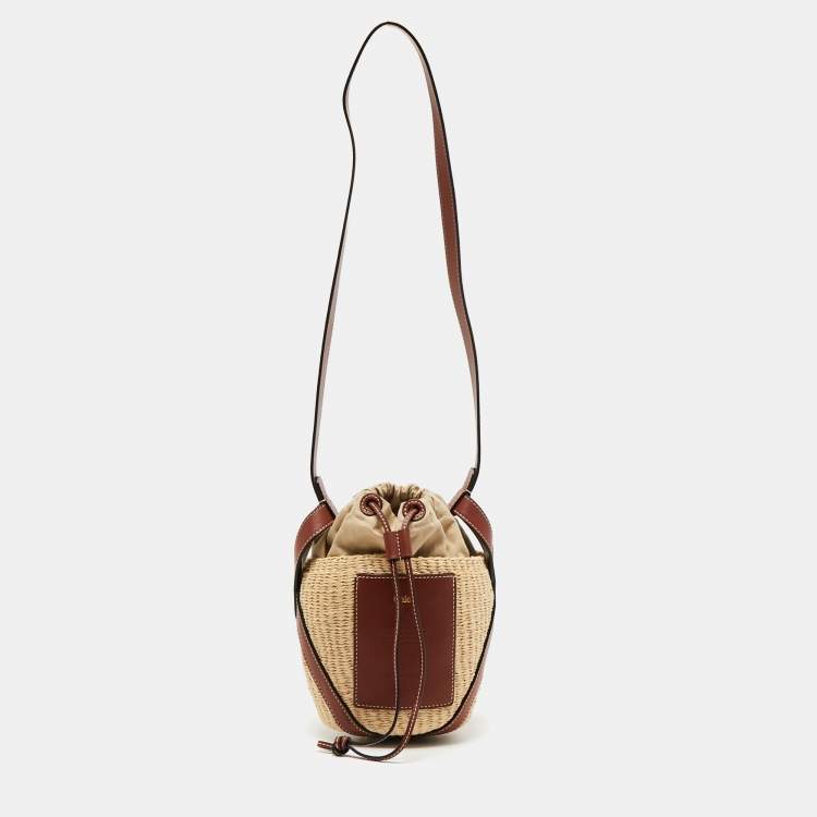 Pre Owned Chloe Brown/Beige Raffia and Leather Small Basket Bag