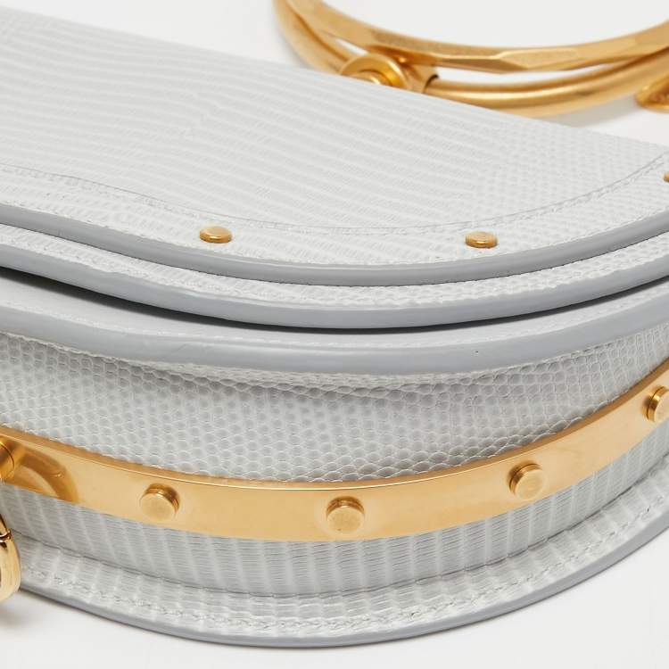 Pre Owned Chloé Grey Lizard Embossed Leather Nile Bracelet Minaudiere Crossbody Bag