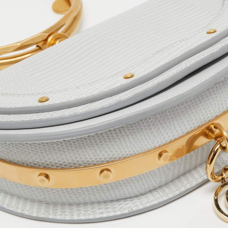 Pre Owned Chloé Grey Lizard Embossed Leather Nile Bracelet Minaudiere Crossbody Bag