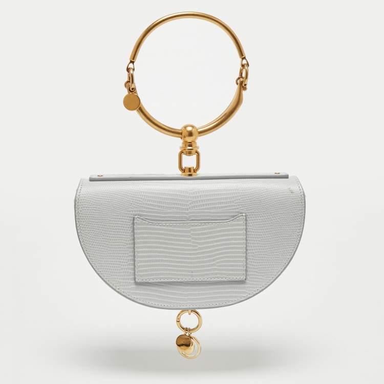 Pre Owned Chloé Grey Lizard Embossed Leather Nile Bracelet Minaudiere Crossbody Bag