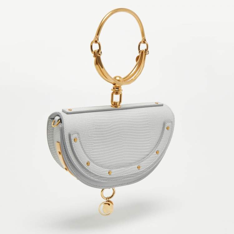 Pre Owned Chloé Grey Lizard Embossed Leather Nile Bracelet Minaudiere Crossbody Bag