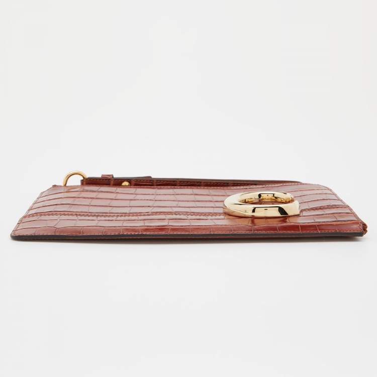 Pre Owned Chloe Tan Croc Embossed Leather C Logo Wristlet Pouch