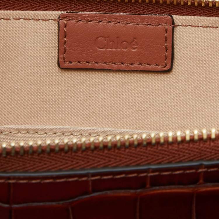 Pre Owned Chloe Tan Croc Embossed Leather C Logo Wristlet Pouch