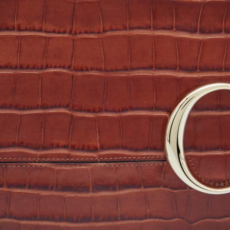 Pre Owned Chloe Tan Croc Embossed Leather C Logo Wristlet Pouch