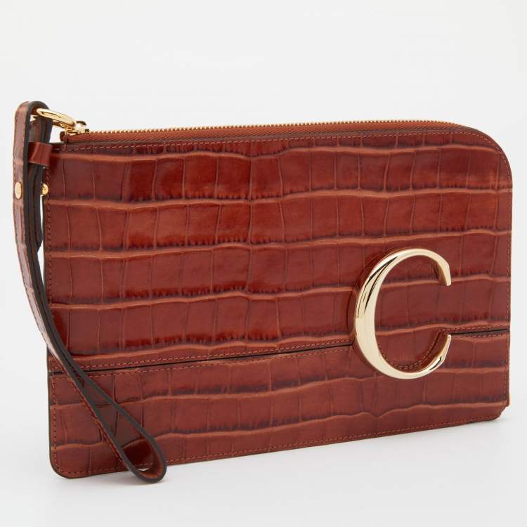 Pre Owned Chloe Tan Croc Embossed Leather C Logo Wristlet Pouch