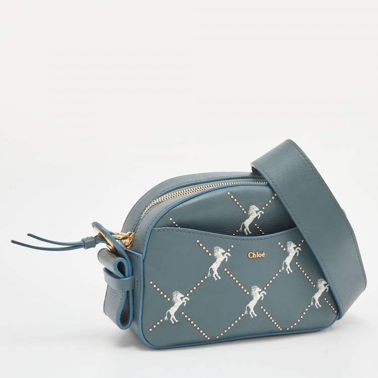 Pre Owned Chloe Blue Leather Horses Embroidered Mini Signature Bag