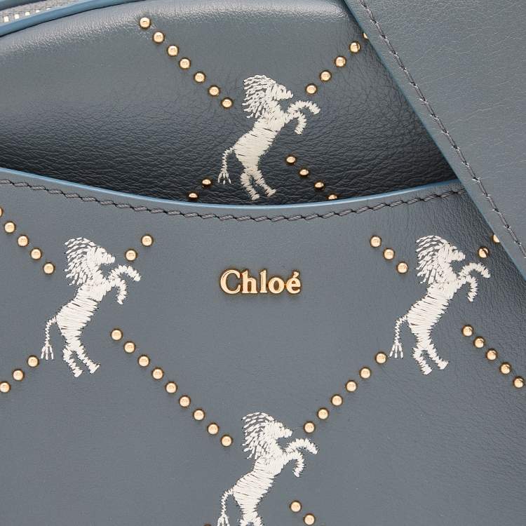 Pre Owned Chloe Blue Leather Horses Embroidered Mini Signature Bag