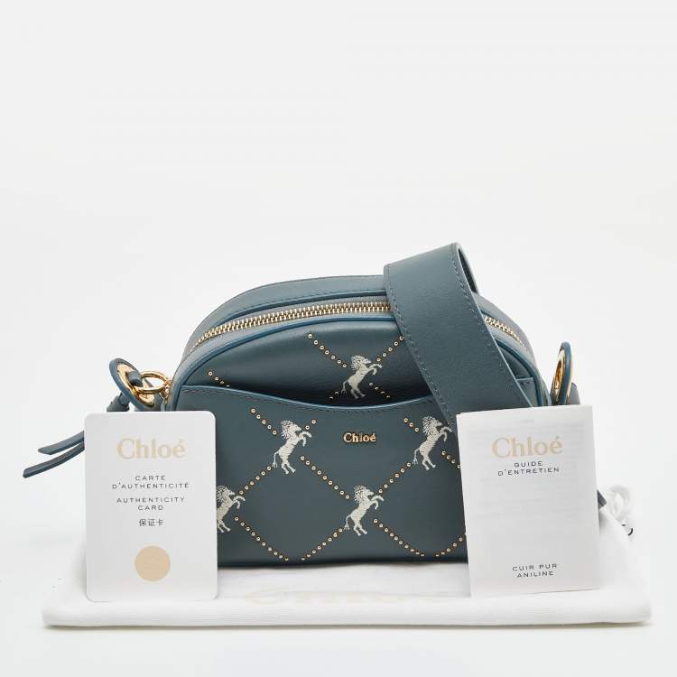 Pre Owned Chloe Blue Leather Horses Embroidered Mini Signature Bag
