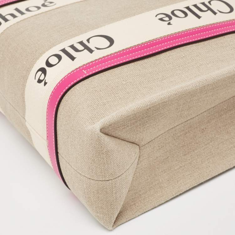 Pre Owned Chloe Pink/Beige Canvas Medium Woody Shopper Tote