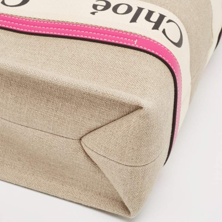 Pre Owned Chloe Pink/Beige Canvas Medium Woody Shopper Tote