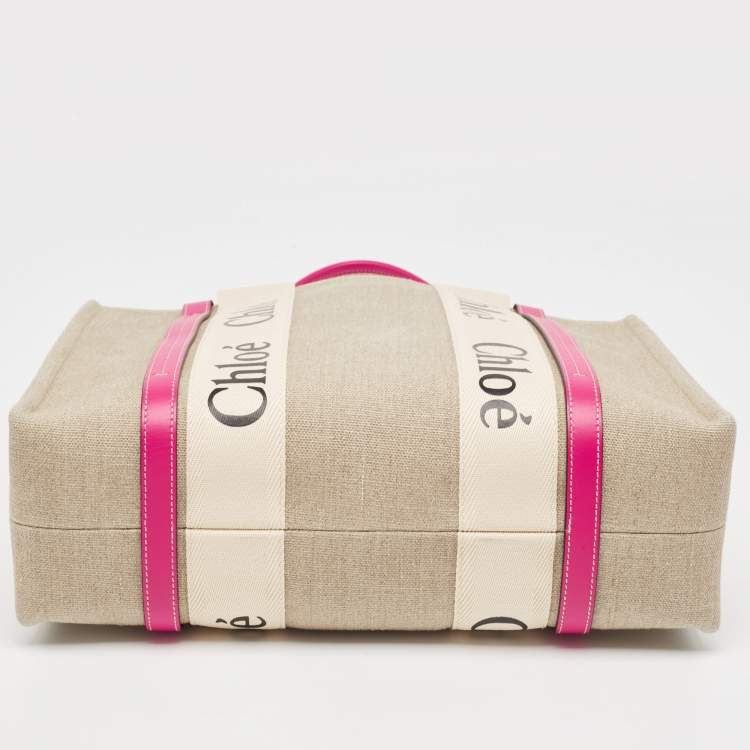 Pre Owned Chloe Pink/Beige Canvas Medium Woody Shopper Tote