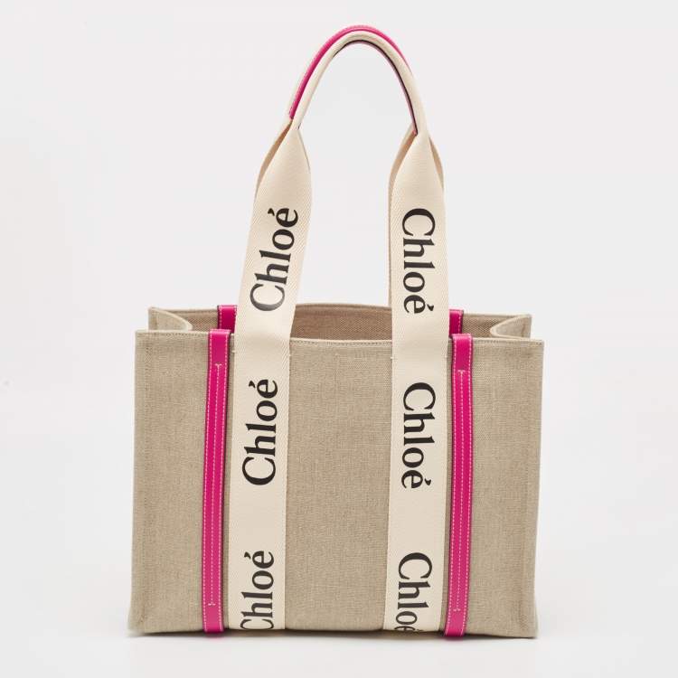 Pre Owned Chloe Pink/Beige Canvas Medium Woody Shopper Tote