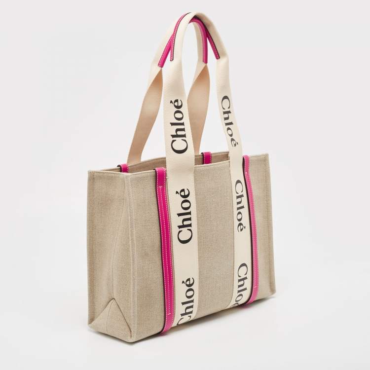 Pre Owned Chloe Pink/Beige Canvas Medium Woody Shopper Tote