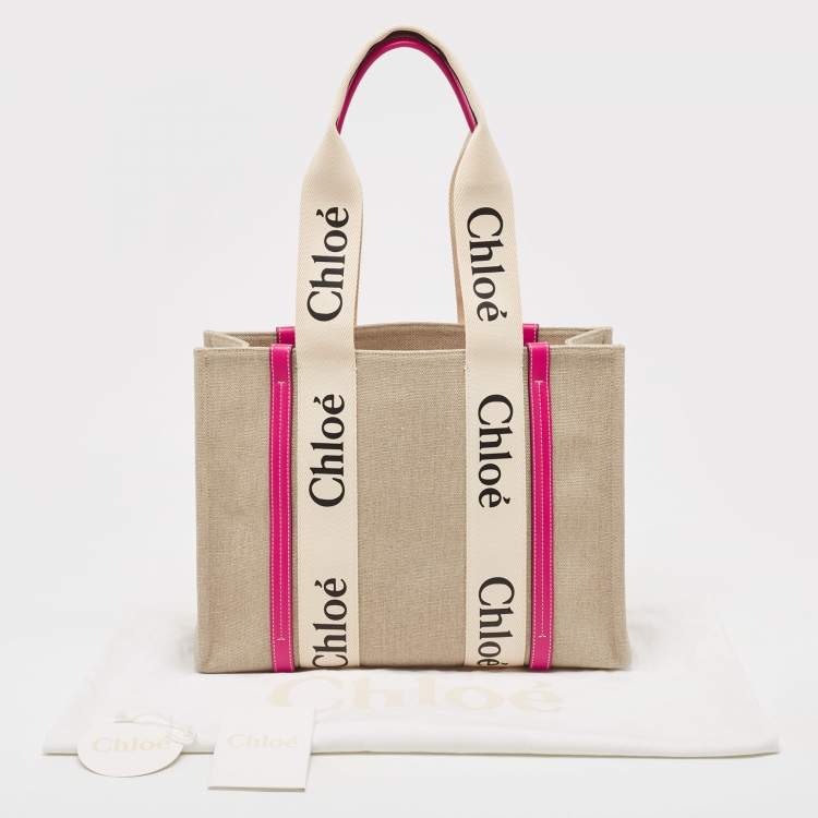 Pre Owned Chloe Pink/Beige Canvas Medium Woody Shopper Tote
