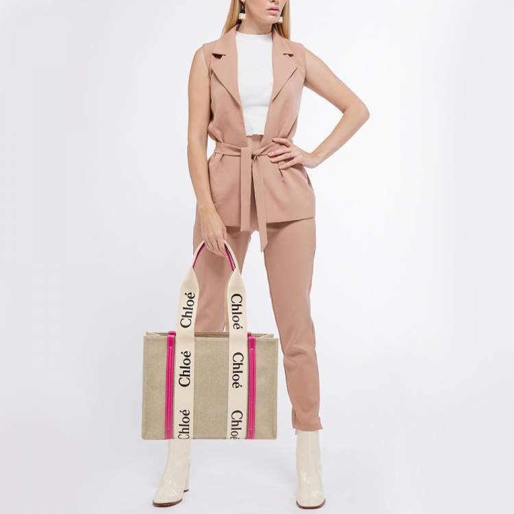 Pre Owned Chloe Pink/Beige Canvas Medium Woody Shopper Tote