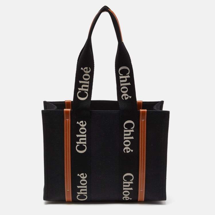 Pre Owned Chloe Black/Tan Canvas and Leather Medium Woody Tote