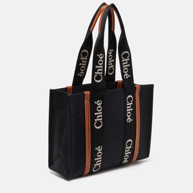 Pre Owned Chloe Black/Tan Canvas and Leather Medium Woody Tote