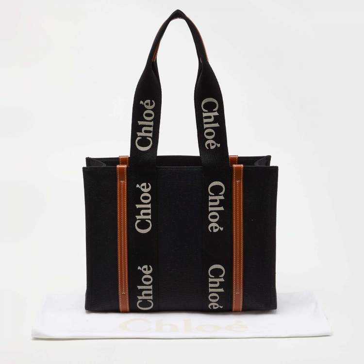 Pre Owned Chloe Black/Tan Canvas and Leather Medium Woody Tote
