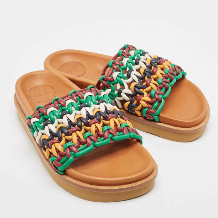 Pre Owned Chloe Multicolor Woven Leather Wavy Slides Size 39