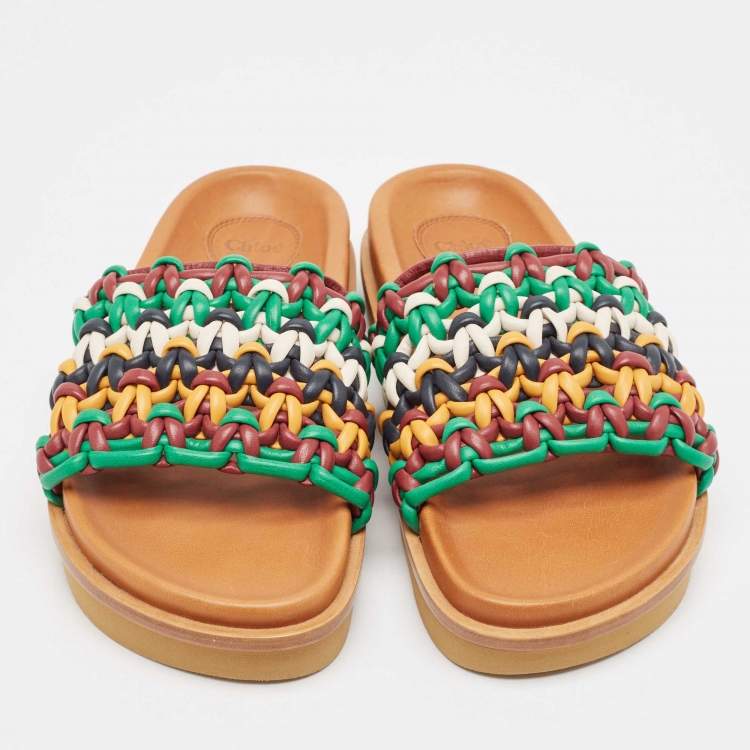 Pre Owned Chloe Multicolor Woven Leather Wavy Slides Size 39
