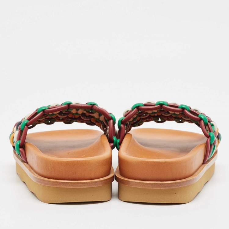Pre Owned Chloe Multicolor Woven Leather Wavy Slides Size 39