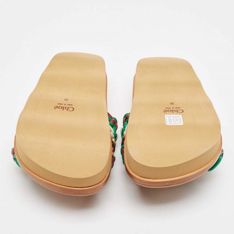 Pre Owned Chloe Multicolor Woven Leather Wavy Slides Size 39