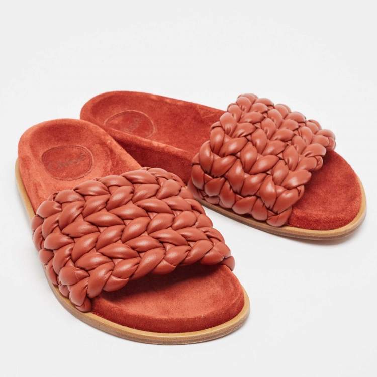Pre Owned Chloe Brown Braided Leather Kacey Slides Size 36