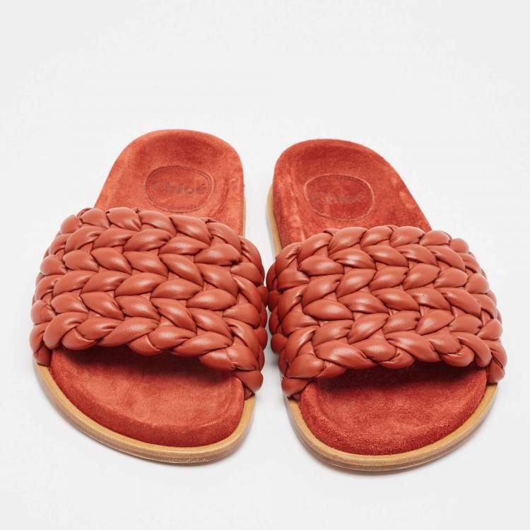 Pre Owned Chloe Brown Braided Leather Kacey Slides Size 36