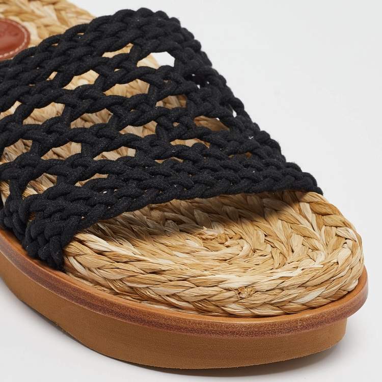 Pre Owned Chloe Black Woven Crochet Wavy Flat Slides Size 39