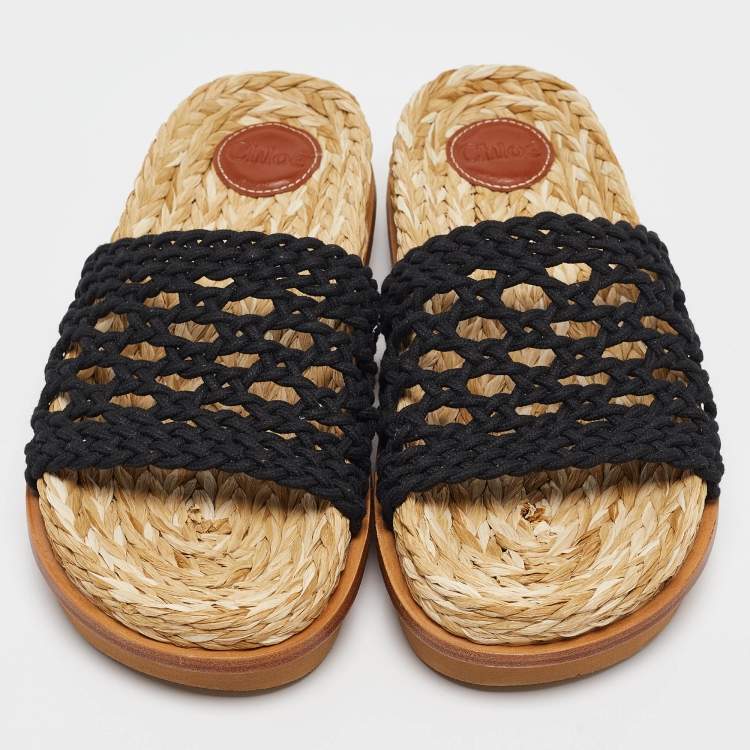 Pre Owned Chloe Black Woven Crochet Wavy Flat Slides Size 39