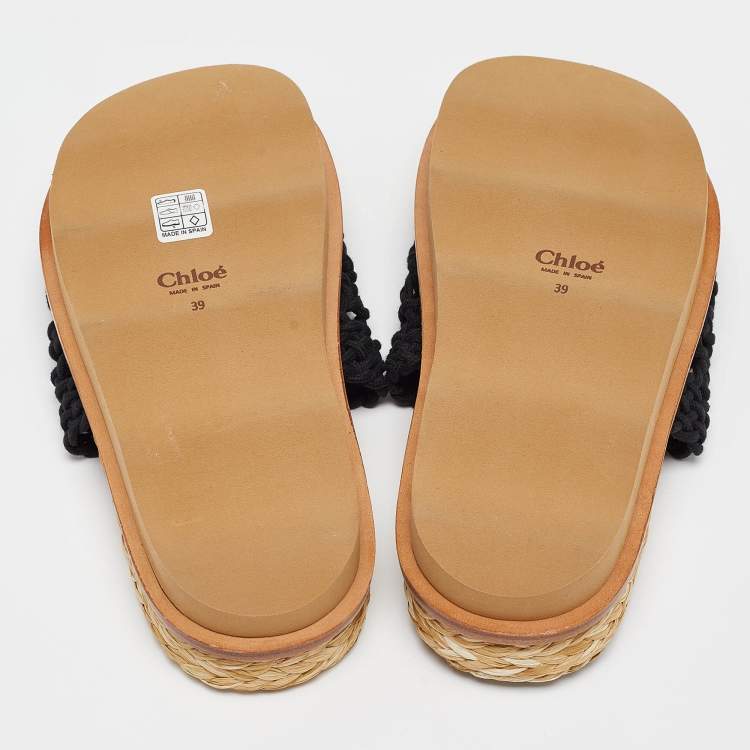 Pre Owned Chloe Black Woven Crochet Wavy Flat Slides Size 39