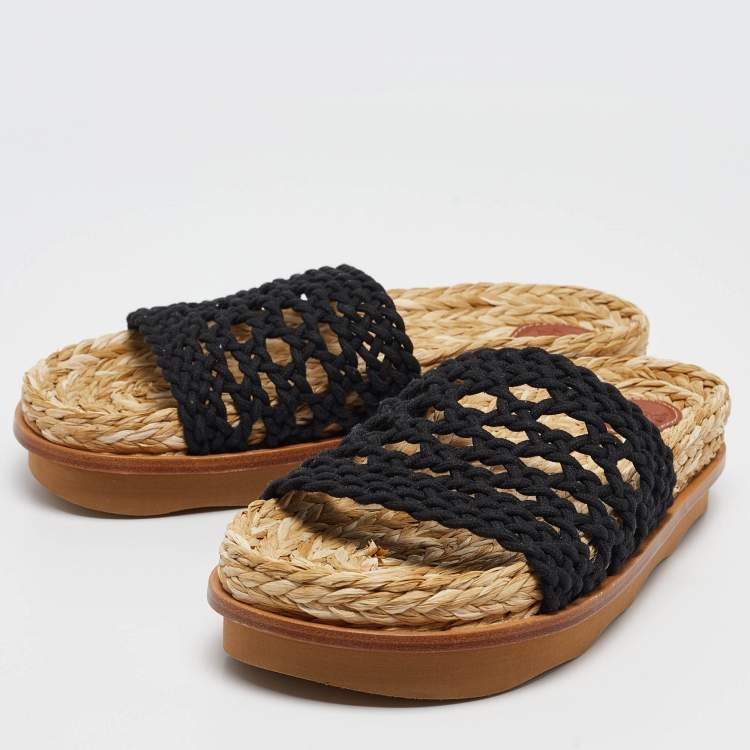 Pre Owned Chloe Black Woven Crochet Wavy Flat Slides Size 39