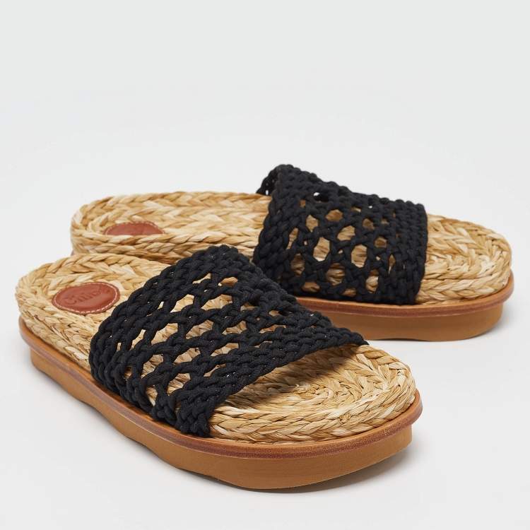 Pre Owned Chloe Black Woven Crochet Wavy Flat Slides Size 39