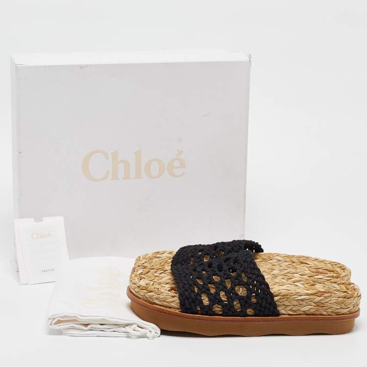 Pre Owned Chloe Black Woven Crochet Wavy Flat Slides Size 39