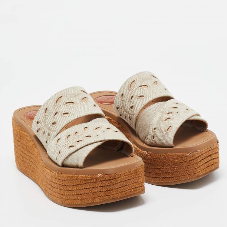 Pre Owned Chloe Grey Denim Woody Wedge Espadrilles Size 38